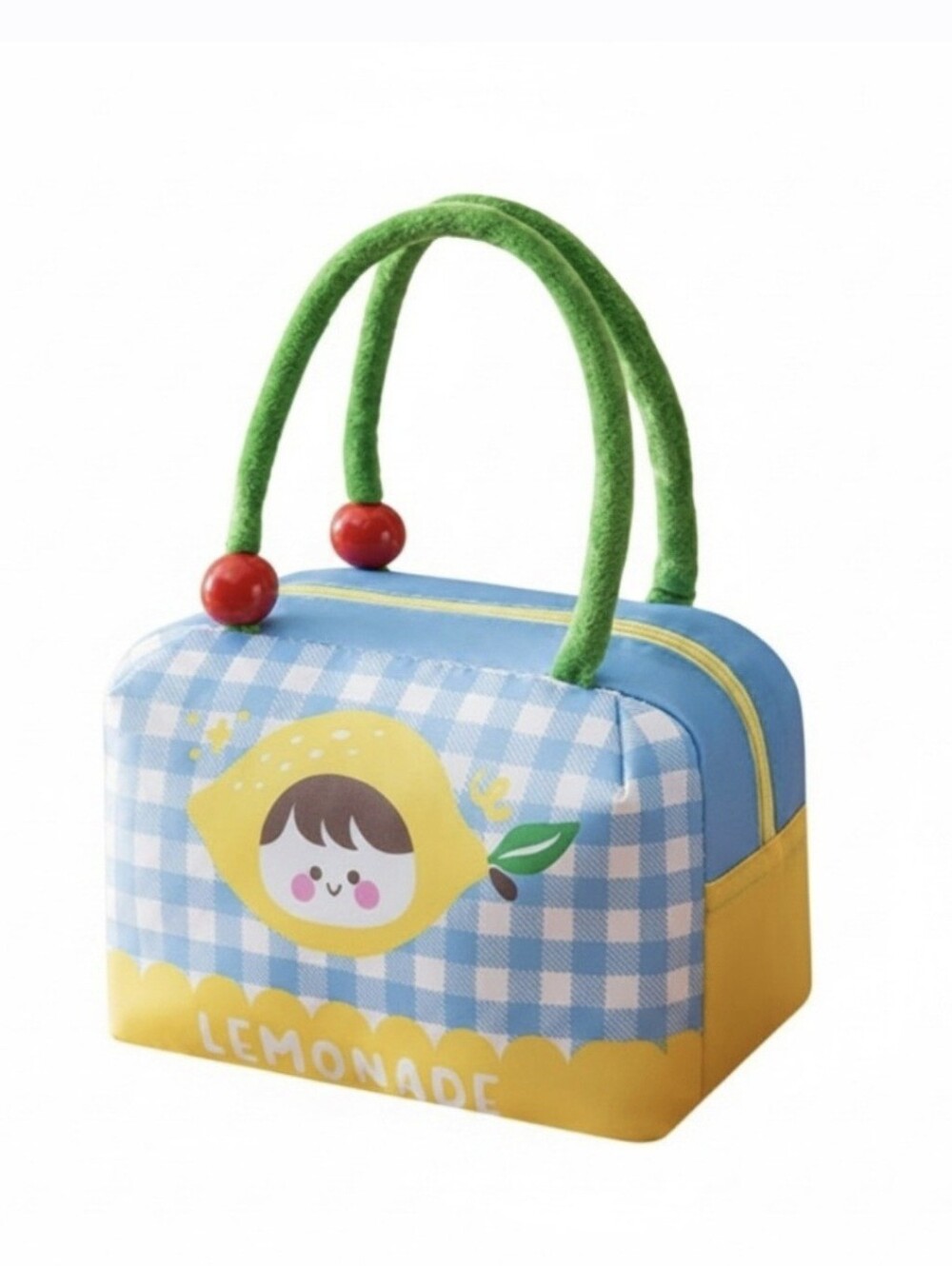 Lemonade Gingham Insulated Lunch Bag Tote Fuzzy Handles New